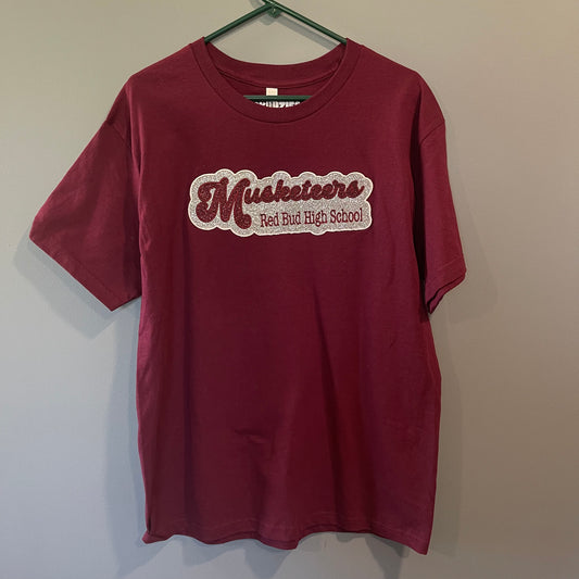 (LARGE) RED BUD MUSKETEERS Glitter Embroidered Short Sleeve Graphic T-Shirt- READY TO SHIP!