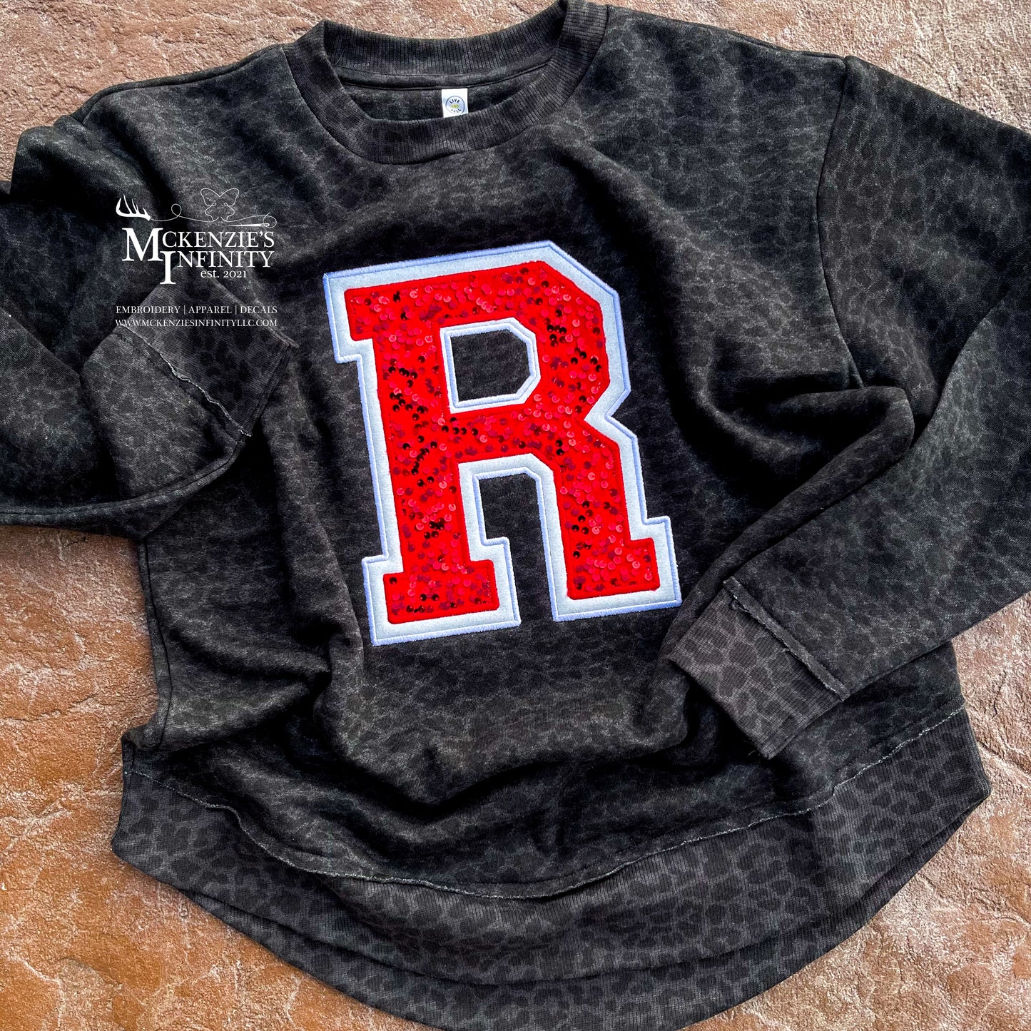 Custom Sequin Varsity Letter Embroidered Leopard/Cheetah Crewneck Sweatshirt