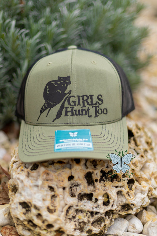 Girls Hunt Too Raccoon Hunting - Brick Vinyl Richardson 112 Adult Retro Trucker Hat/Cap