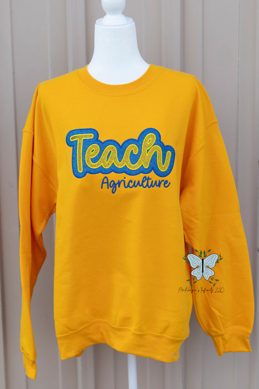 Teach Agriculture Glitter Embroidered Crewneck Sweatshirt