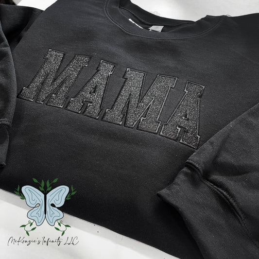 Mama Black Embroidered Glitter Vinyl Crewneck Sweatshirt