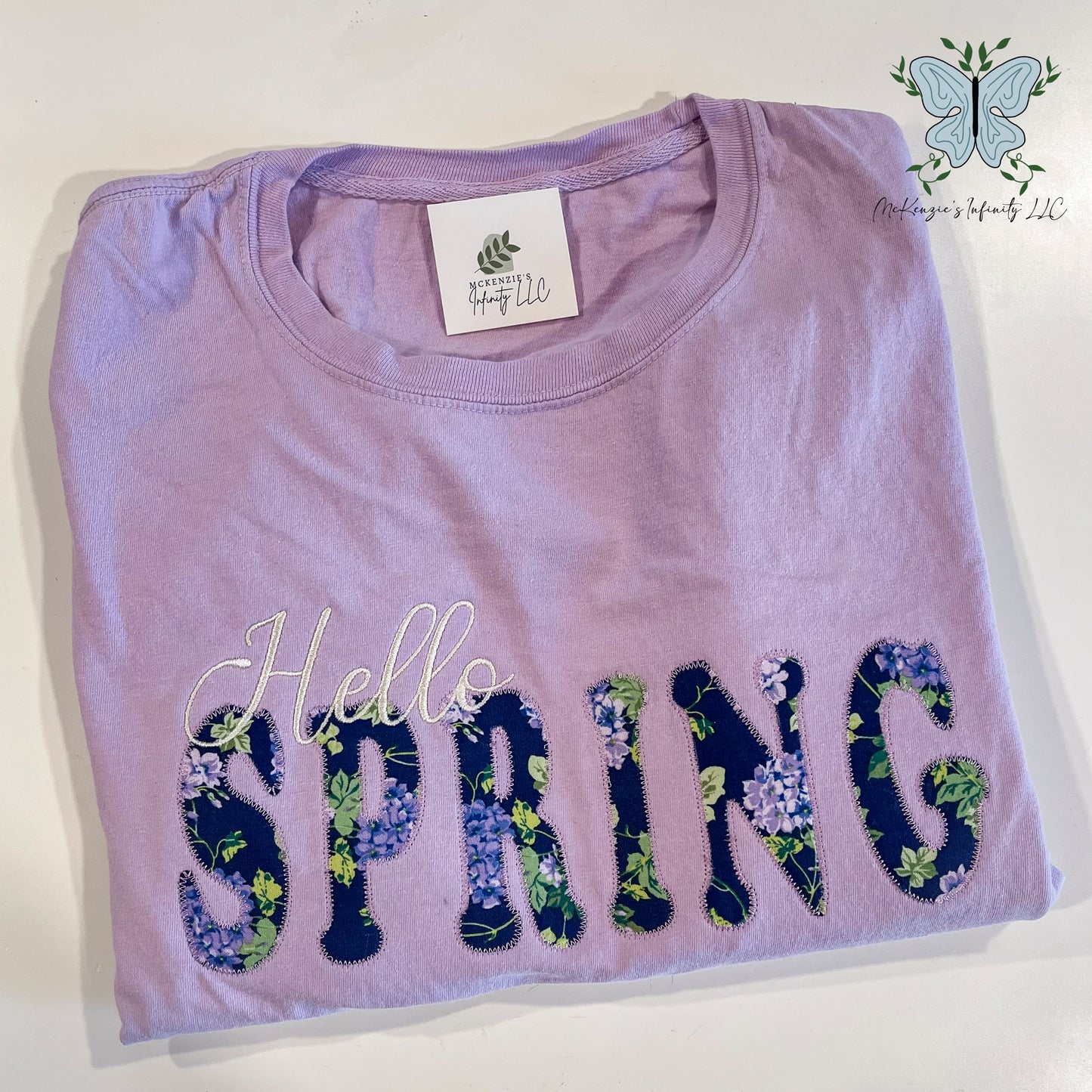 Hello Spring Lavender Floral Applique Embroidered T-Shirt