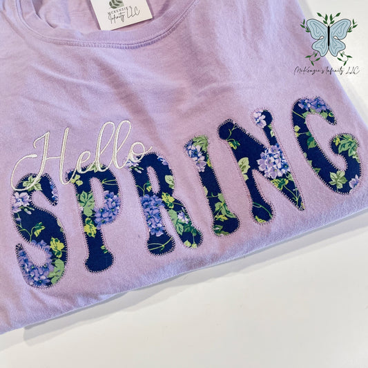 Hello Spring Lavender Floral Applique Embroidered T-Shirt