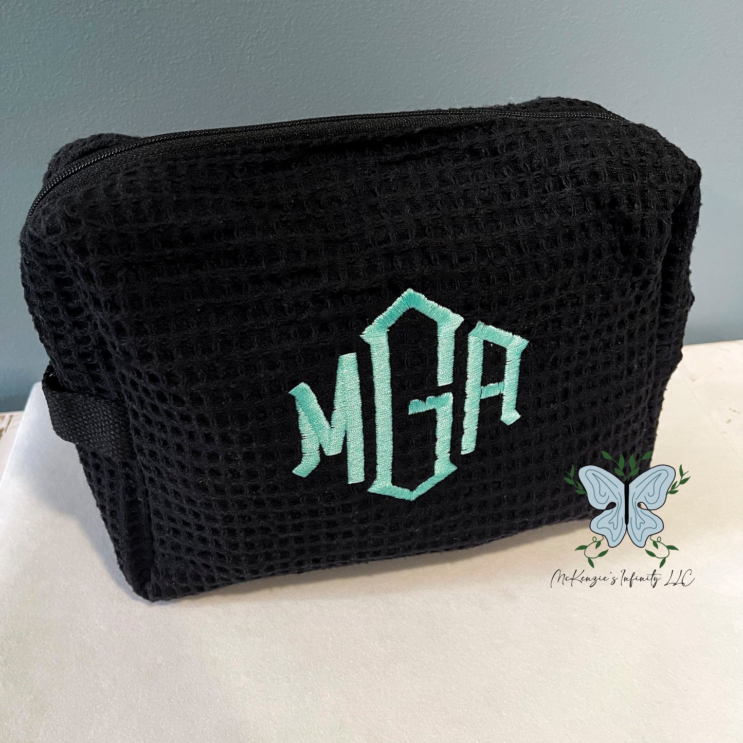 Monogram Embroidered Black Waffle Makeup/Spa Bag