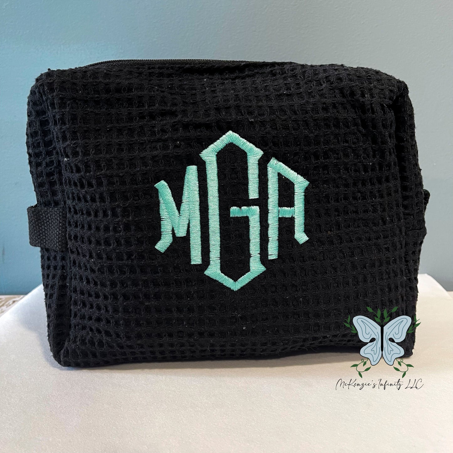 Monogram Embroidered Black Waffle Makeup/Spa Bag