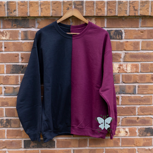 Maroon & Black Split Colored, Two-Toned, Crewneck Sweatshirt