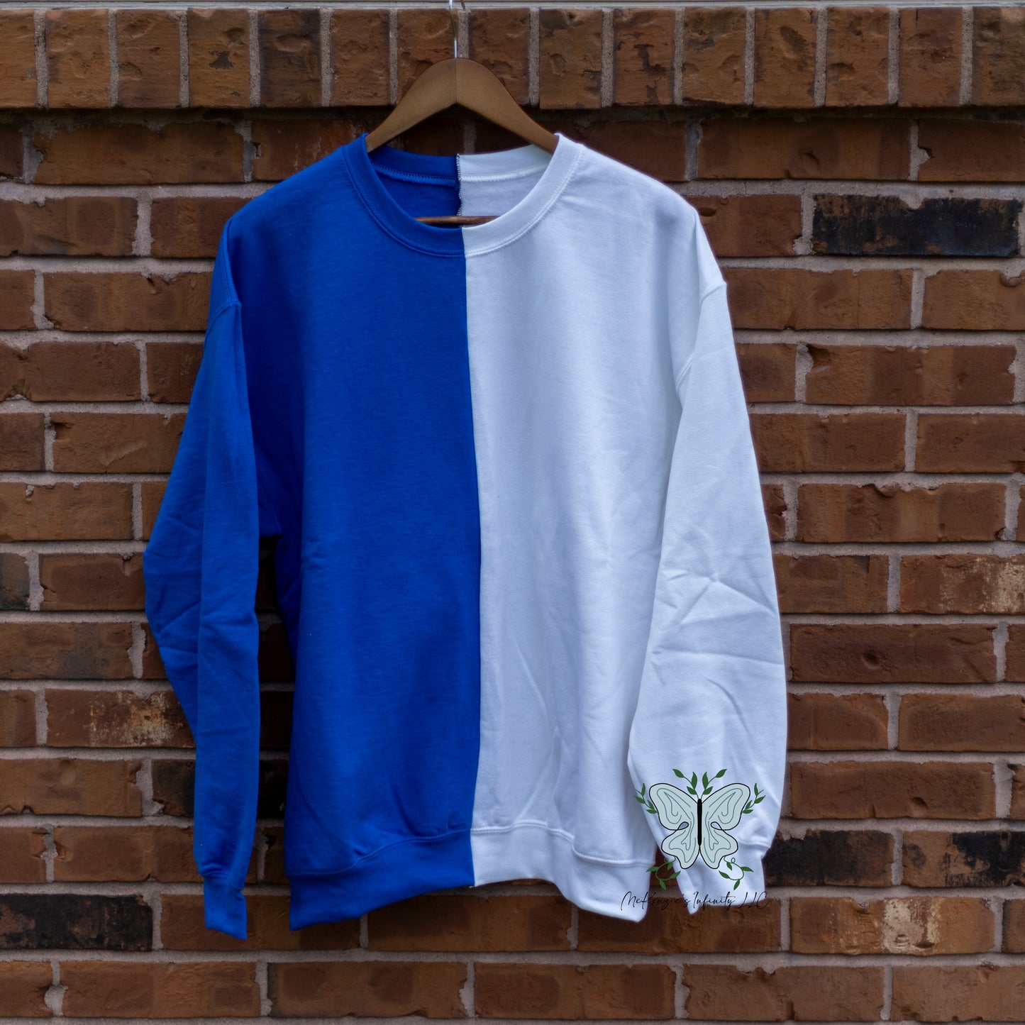 White & Blue Split Colored, Two-Toned, Crewneck Sweatshirt