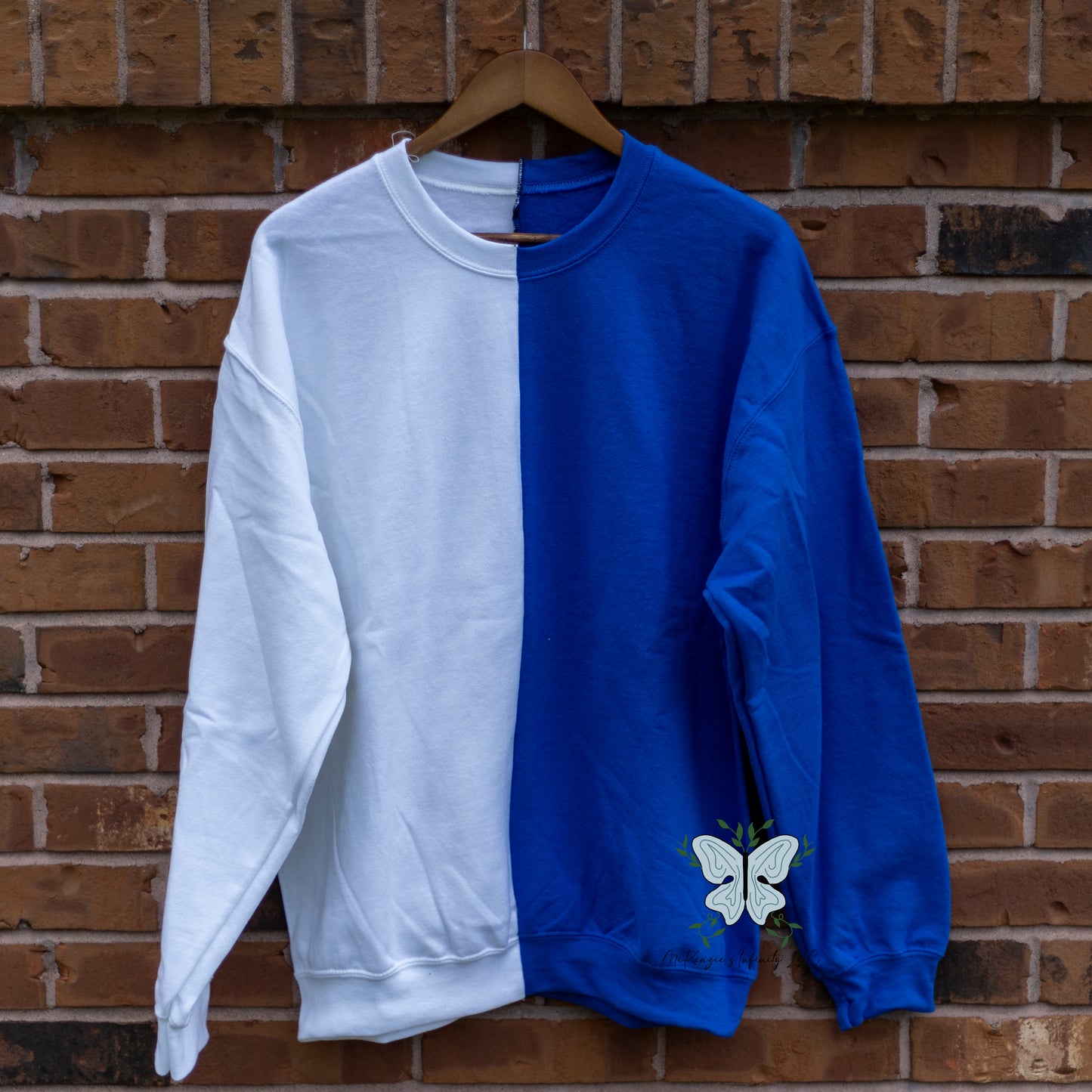 White & Blue Split Colored, Two-Toned, Crewneck Sweatshirt