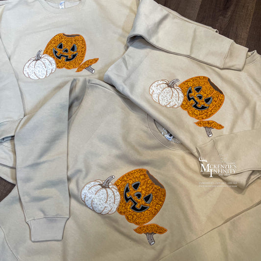 Fall Pumpkin Appliqué Embroidered Curve Bottom Crew