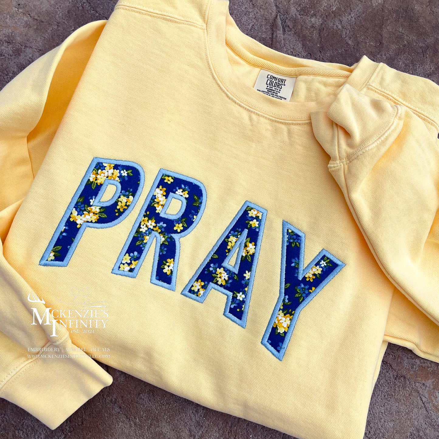 Butter Yellow PRAY Embroidered Sweatshirt | Floral Applique Faith Crewneck | Comfort Colors Christian Pullover