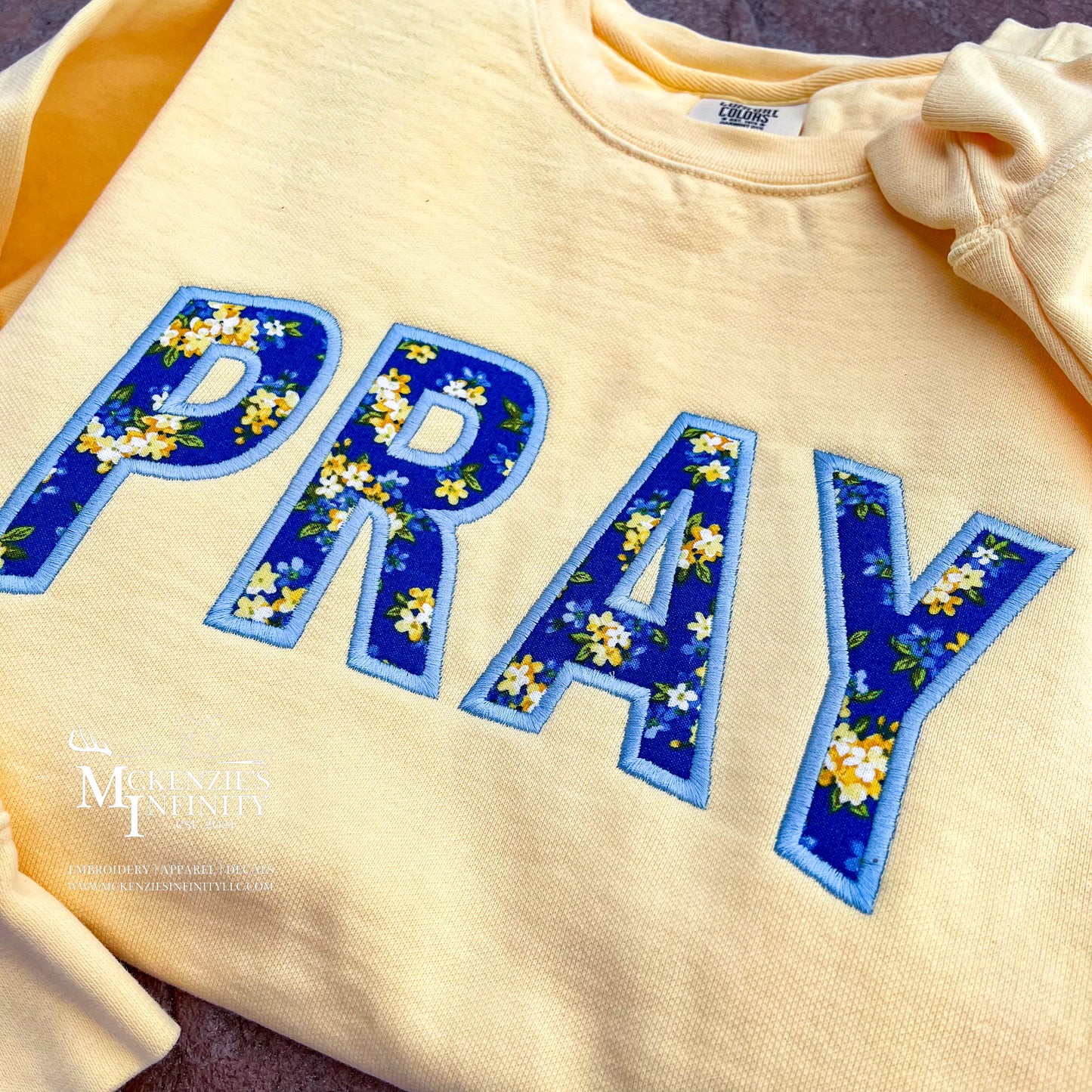 Butter Yellow PRAY Embroidered Sweatshirt | Floral Applique Faith Crewneck | Comfort Colors Christian Pullover