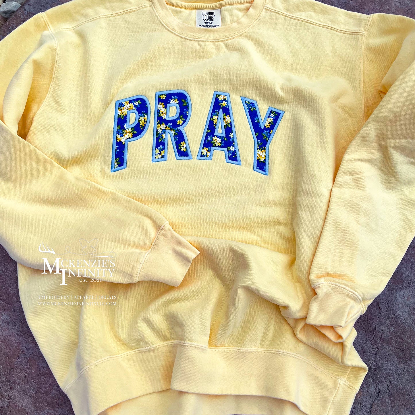 Butter Yellow PRAY Embroidered Sweatshirt | Floral Applique Faith Crewneck | Comfort Colors Christian Pullover