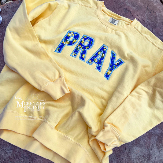 Butter Yellow PRAY Embroidered Sweatshirt | Floral Applique Faith Crewneck | Comfort Colors Christian Pullover