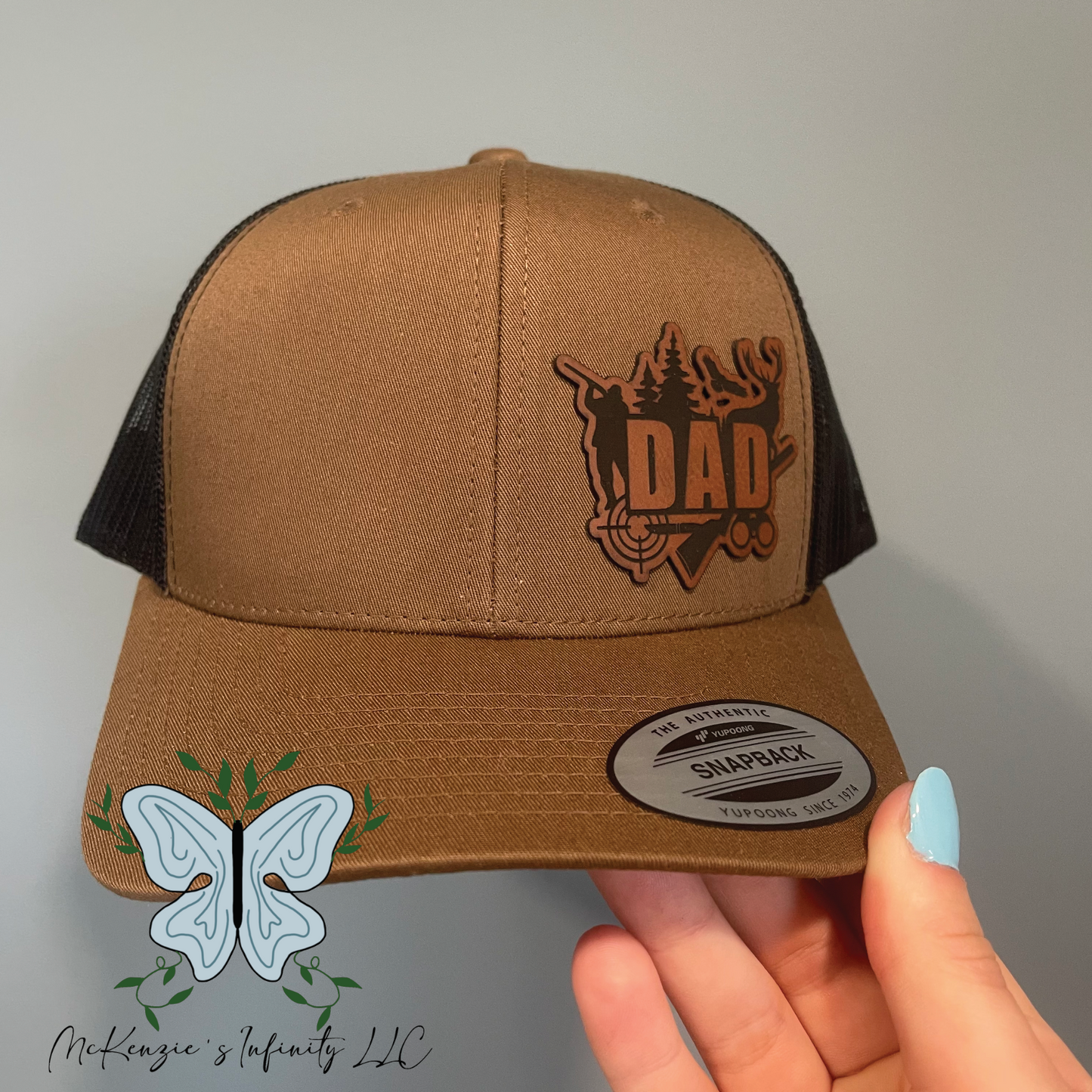 DAD Hunting Leather Patch Adult Retro Trucker Hat/Cap - Coyote Brown- Ready To Ship
