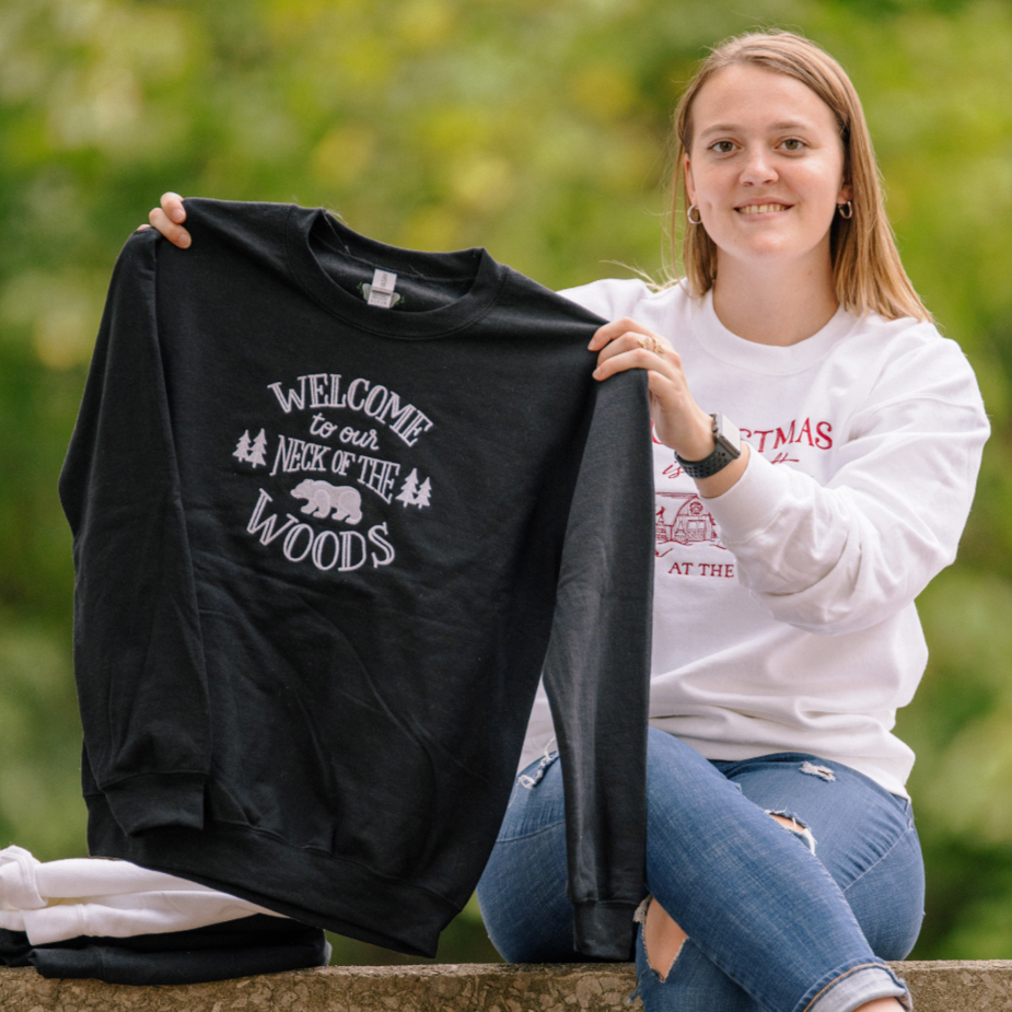 Welcome To Our Neck of The Woods Bear Embroidered Crewneck Sweatshirt