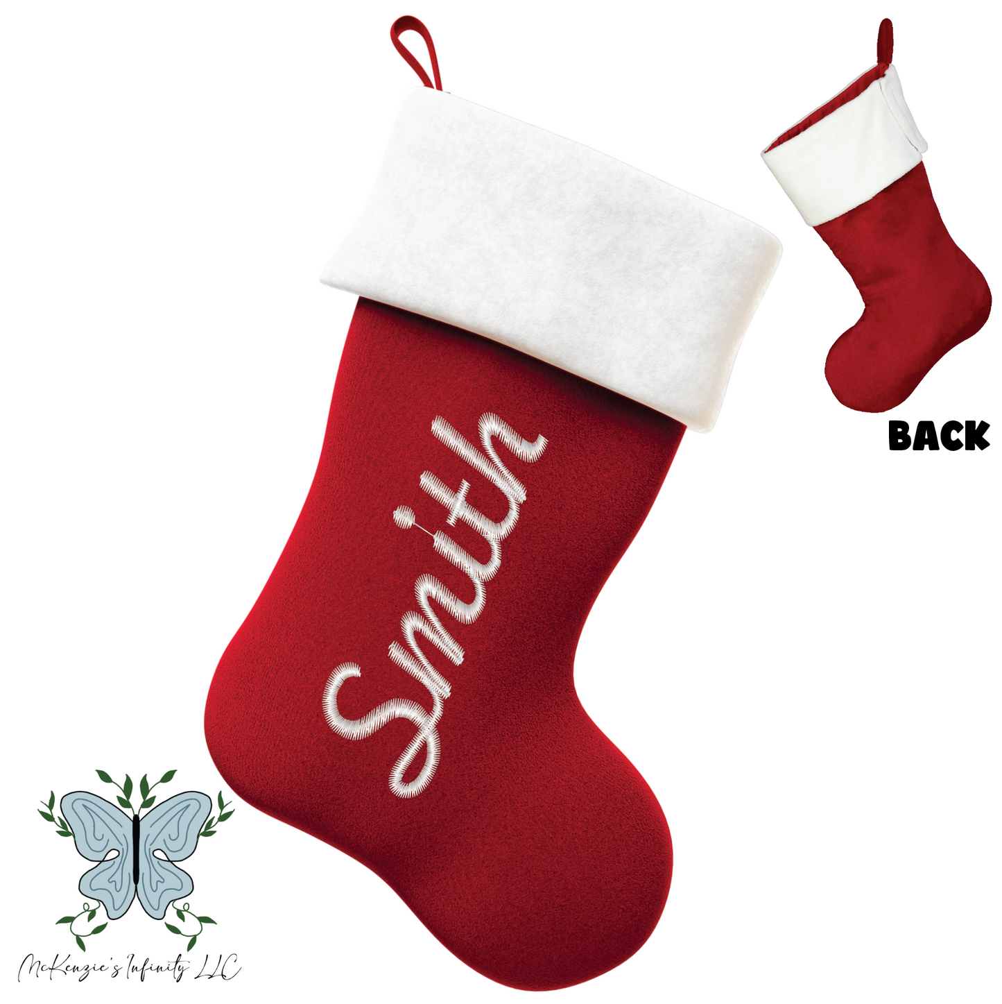 Cursive White Name Embroidered Christmas Stocking