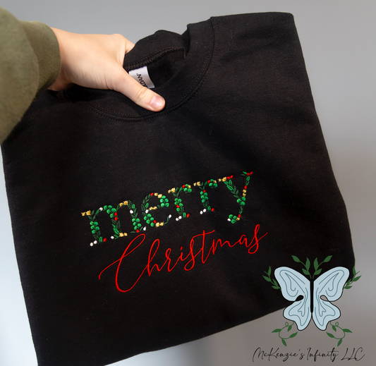 Merry Christmas Botanical Embroidered Black Crewneck Sweatshirt