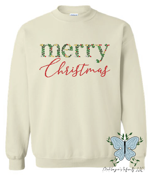 Merry Christmas Botanical Embroidered Sand Crewneck Sweatshirt
