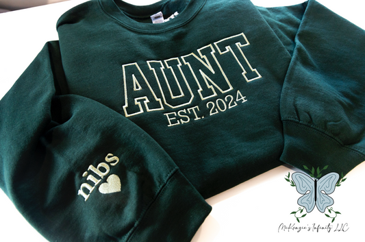 Auntie Embroidered Crewneck Sweatshirt - Personalized Year & Sleeve Options