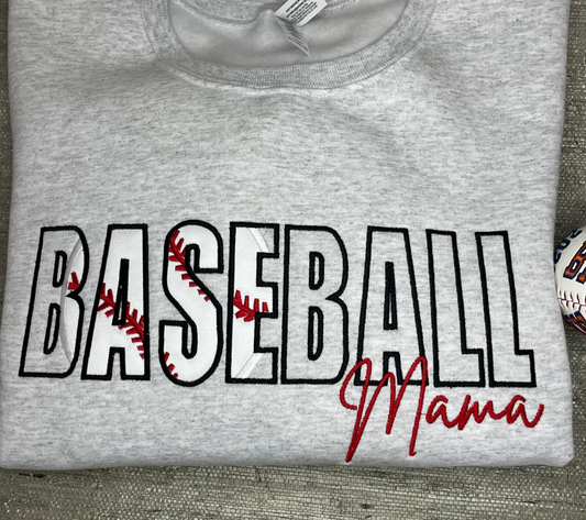 Baseball Mama w/ Baseball Fill Ash Grey Embroidered Crewneck Sweatshirt