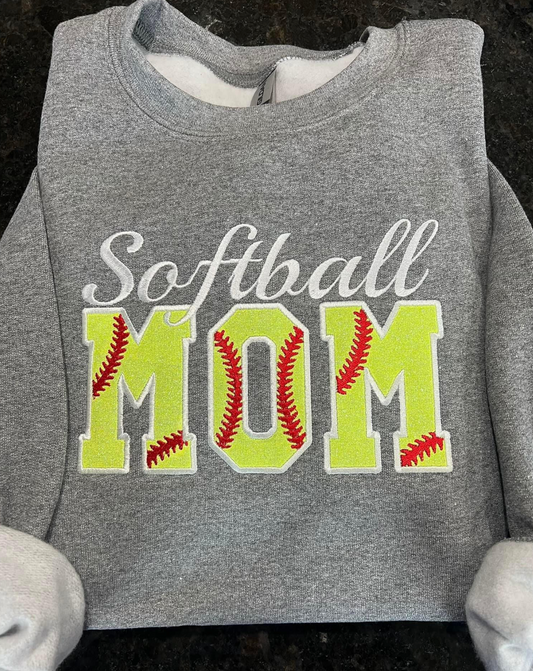 Softball Mom w/ Glitter Vinyl Sports Grey Embroidered Crewneck Sweatshirt