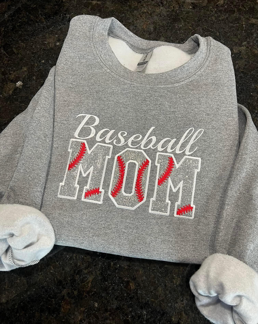 Baseball Mom w/ Glitter Vinyl Sports Grey Embroidered Crewneck Sweatshirt