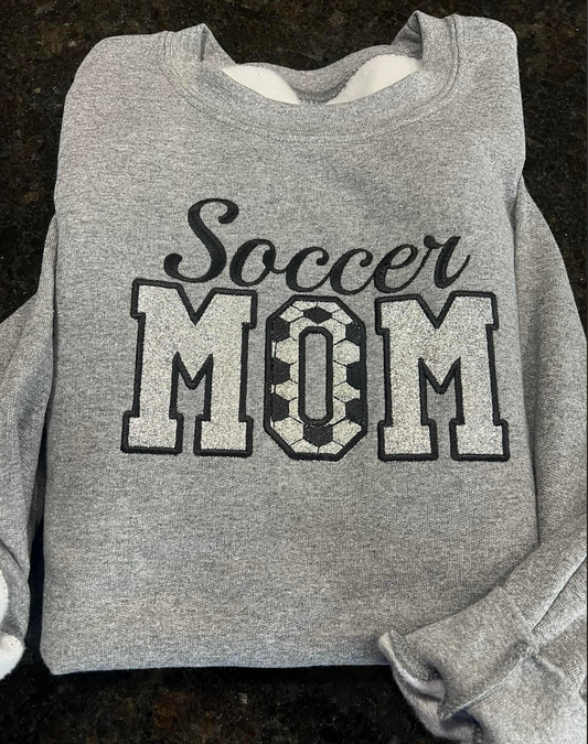 Soccer Mom w/ Glitter Vinyl Sports Grey Embroidered Crewneck Sweatshirt
