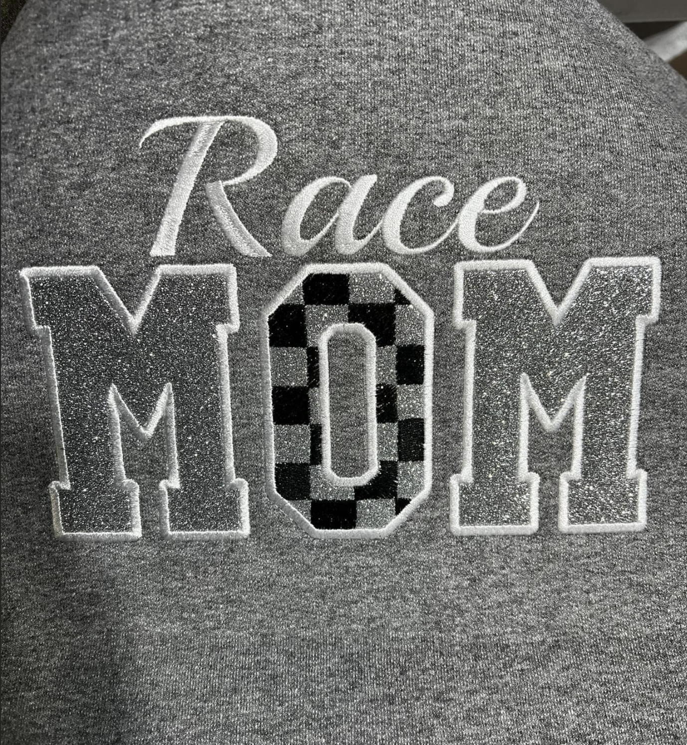 Race Mom w/ Glitter Vinyl Sports Grey Embroidered Crewneck Sweatshirt