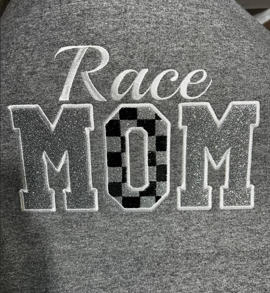 Race Mom w/ Glitter Vinyl Sports Grey Embroidered Crewneck Sweatshirt