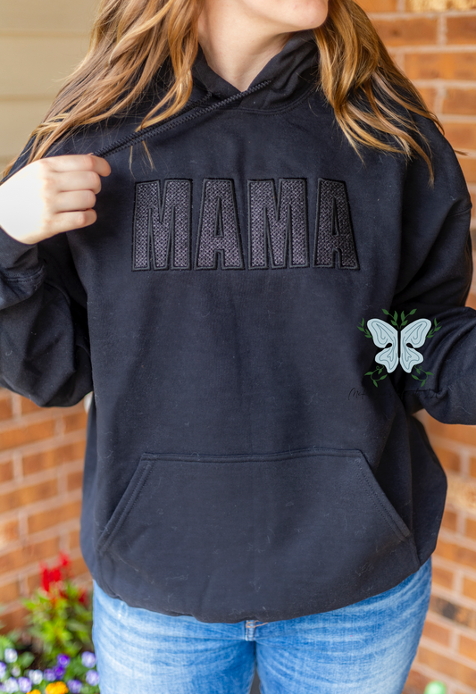 Mama Black Stitch Filled Embroidered Glitter Vinyl Hooded Sweatshirt