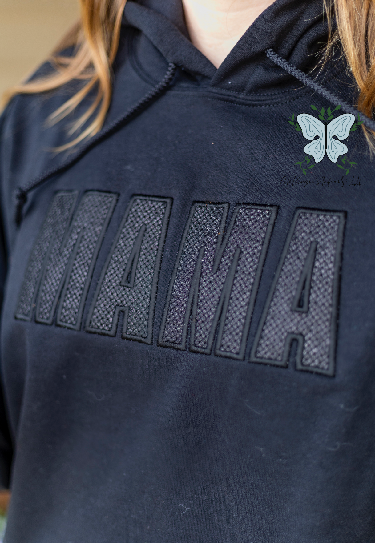 Mama Black Stitch Filled Embroidered Glitter Vinyl Hooded Sweatshirt