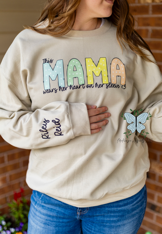 This Mama Wears Her Heart On Her Sleeve - Personalized Sleeve Crewneck Sweatshirt
