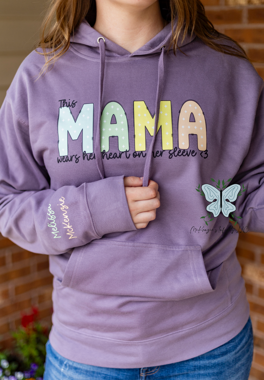 This Mama Wears Her Heart On Her Sleeve - Personalized Sleeve Hooded Sweatshirt