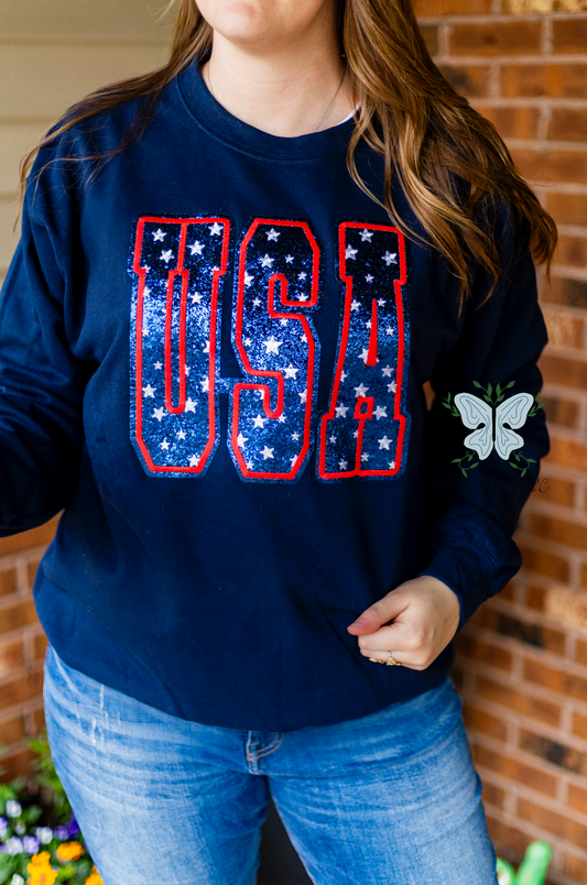 USA Glitter Appliqué Embroidered Navy Crewneck Sweatshirt