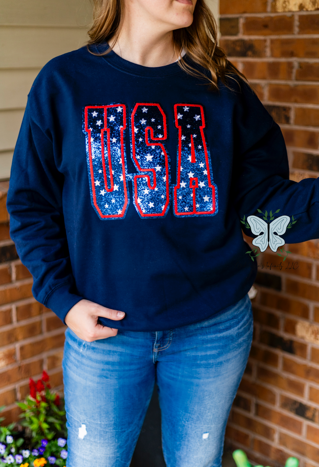 USA Glitter Appliqué Embroidered Navy Crewneck Sweatshirt