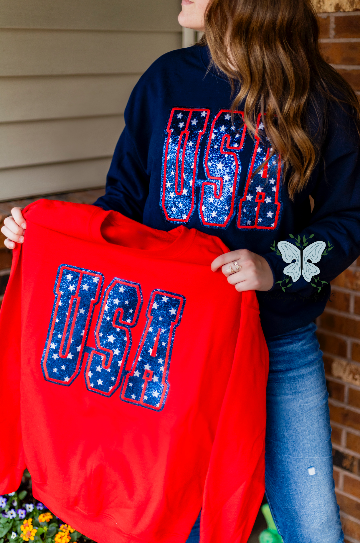 USA Glitter Appliqué Embroidered Navy Crewneck Sweatshirt