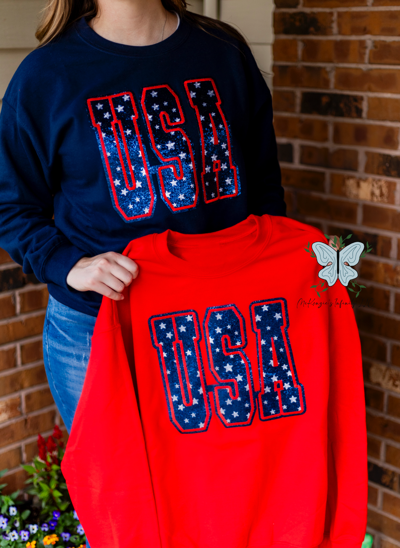 USA Glitter Appliqué Embroidered Navy Crewneck Sweatshirt