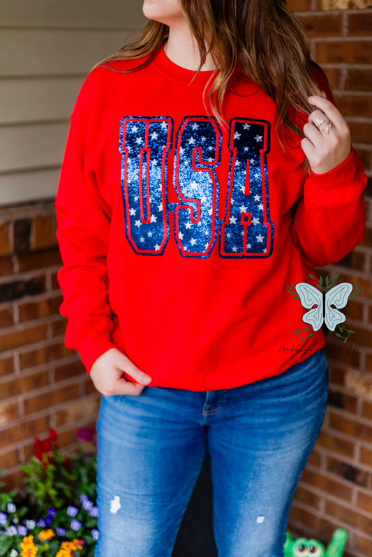 USA Glitter Appliqué Embroidered Red Crewneck Sweatshirt
