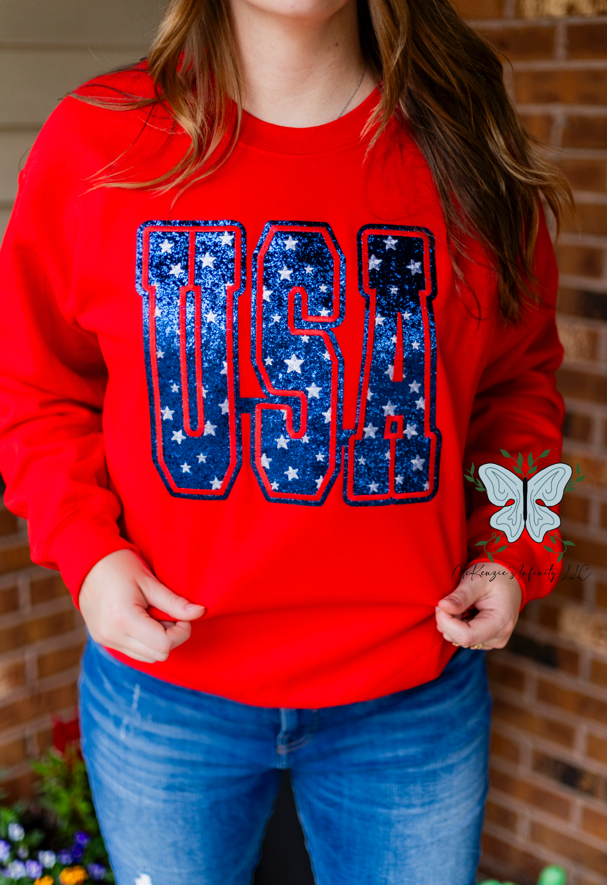 USA Glitter Appliqué Embroidered Red Crewneck Sweatshirt