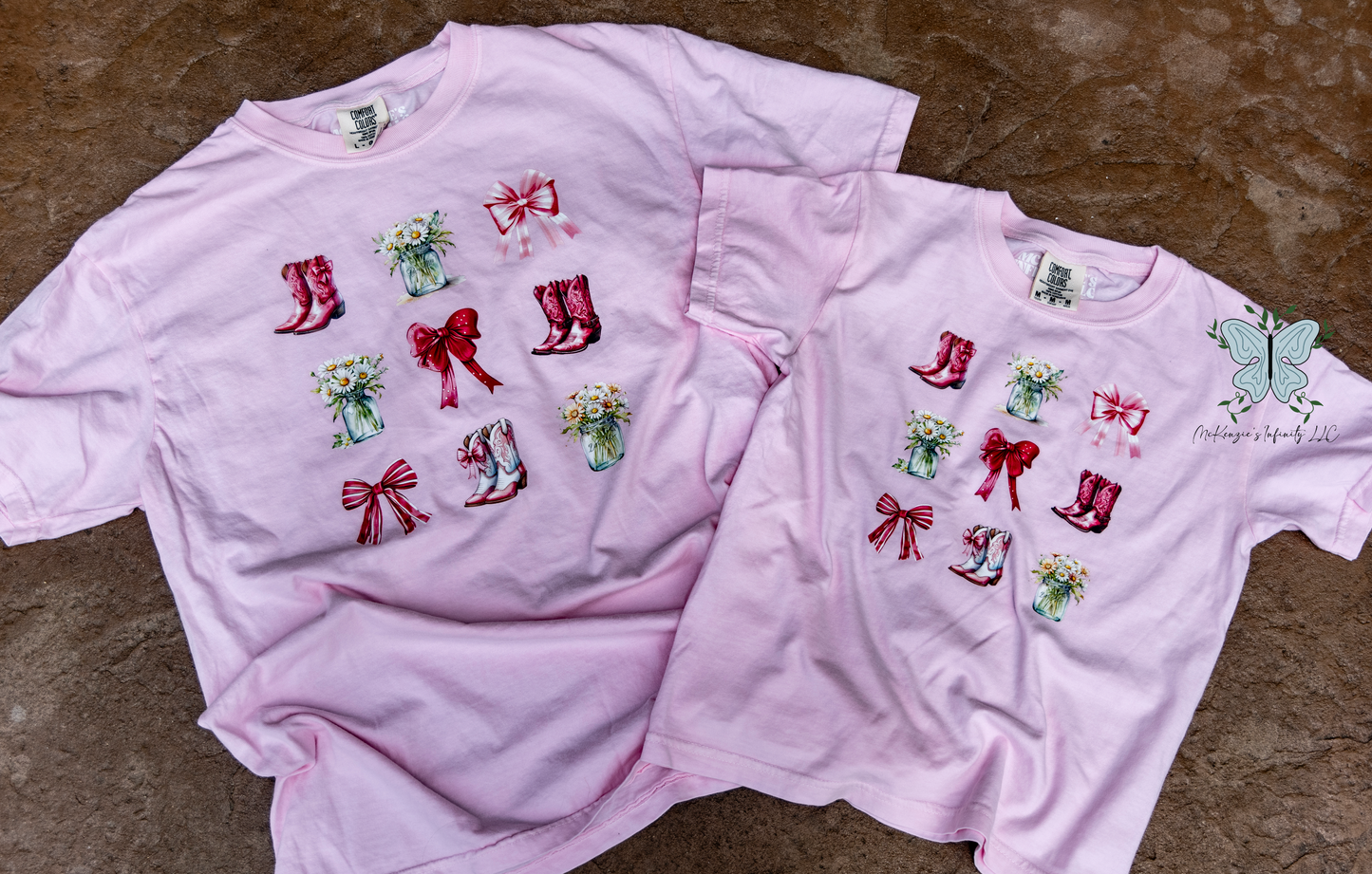 YOUTH Western Bows & Boots Coquette Comfort Colors Blossom Pink T-shirt/Short Sleeve Shirt