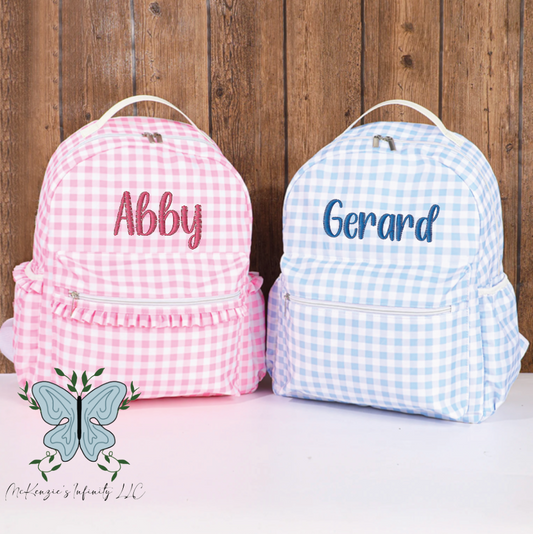 PRE-ORDER Gingham Backpack with Embroidered Name Personalization - Pink Ruffle - Blue Gingham Book bag - Back to School Set Personalized