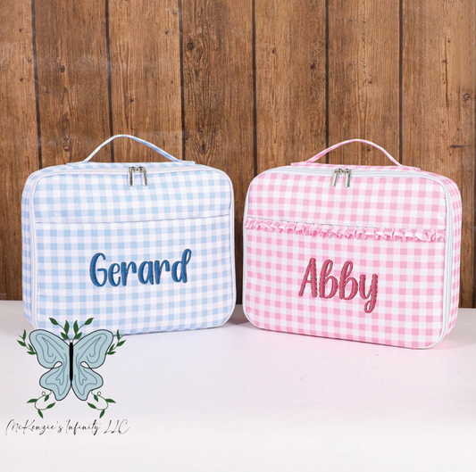 PRE-ORDER Gingham Lunchbox with Embroidered Name Personalization - Pink Ruffle - Blue Gingham - Back to School Set Personalized