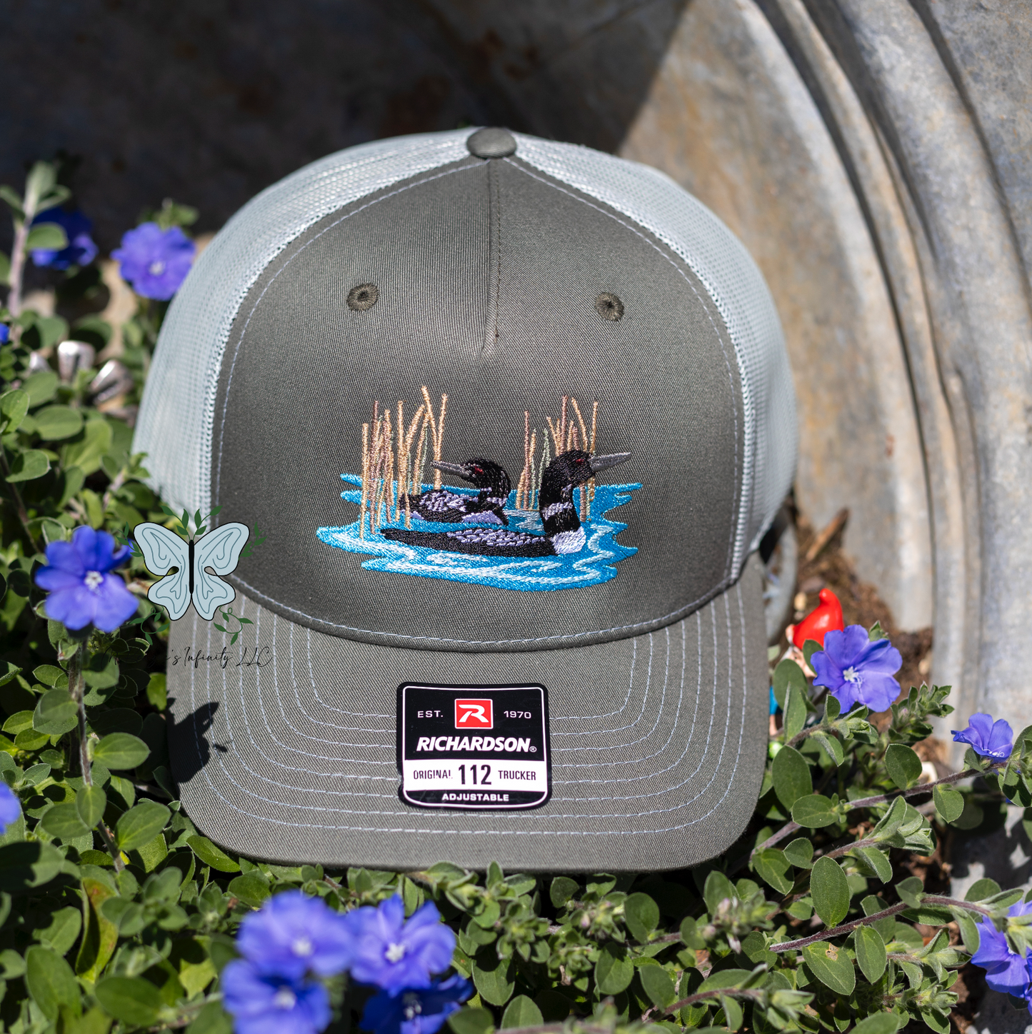 Two Loon Ducks In Reeds Embroidered Richardson 112 | 6 Panel Trucker Cap/Hat