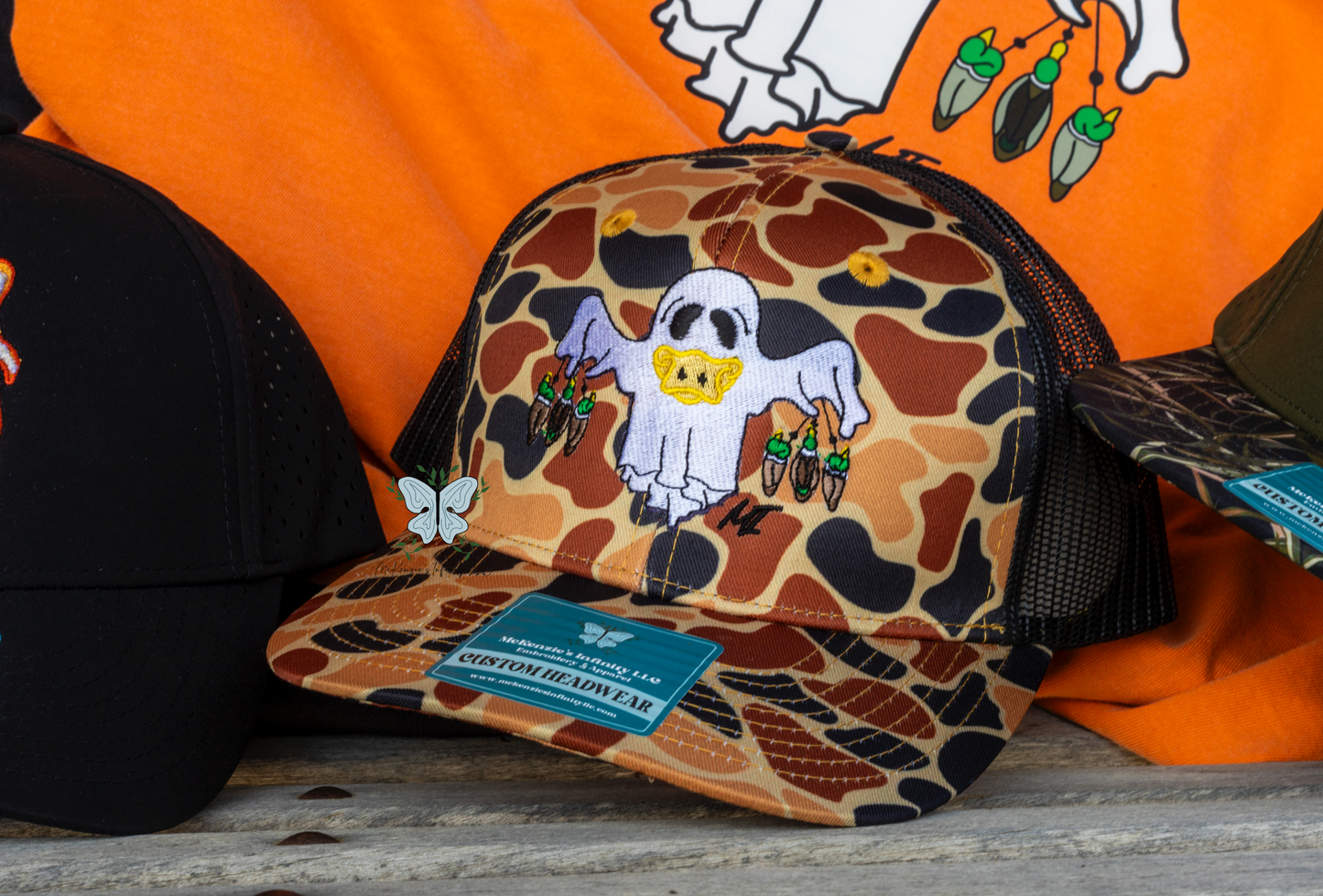 "Remi" Duck Hunting Ghost - Embroidered Old School Orange Camo Trucker Hat/Cap