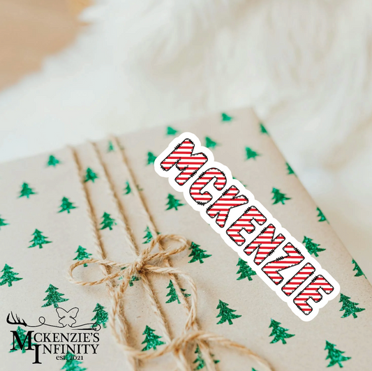 Red Stripes Personalized Christmas Name Stickers – 4-Inch Custom Printed Holiday Labels