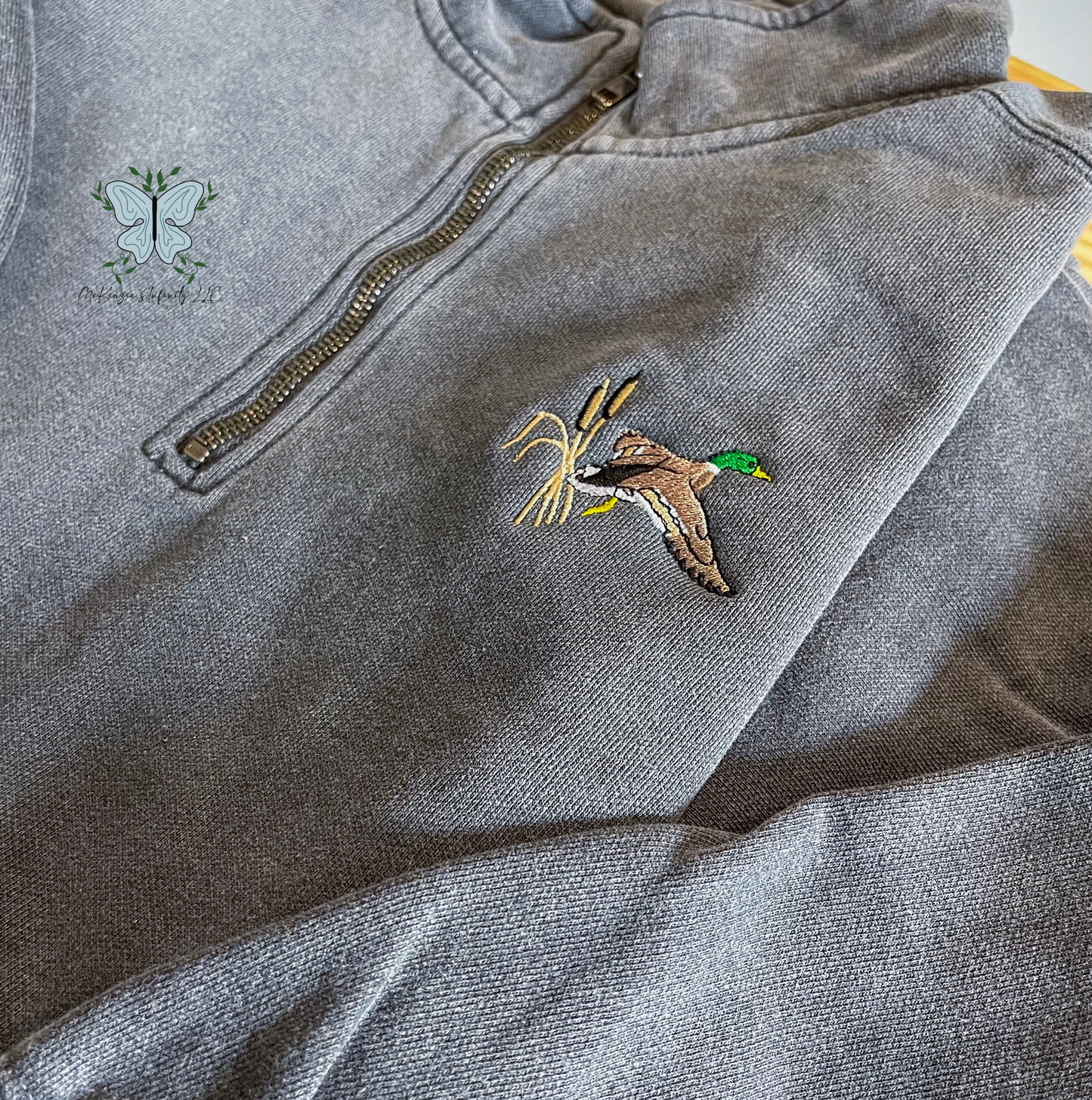 Mallard Duck Flying Hunting Embroidered Comfort Colors Quarter Zip Pullover