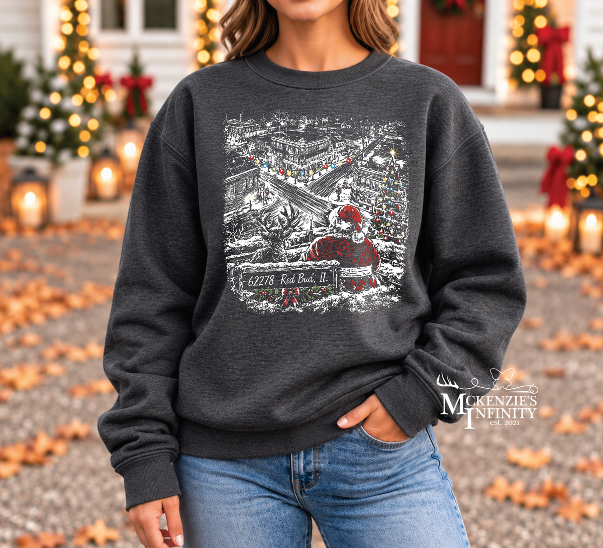 Small Town Red Bud, IL Christmas Long Sleeve Graphic Crewneck Sweatshirt ©️