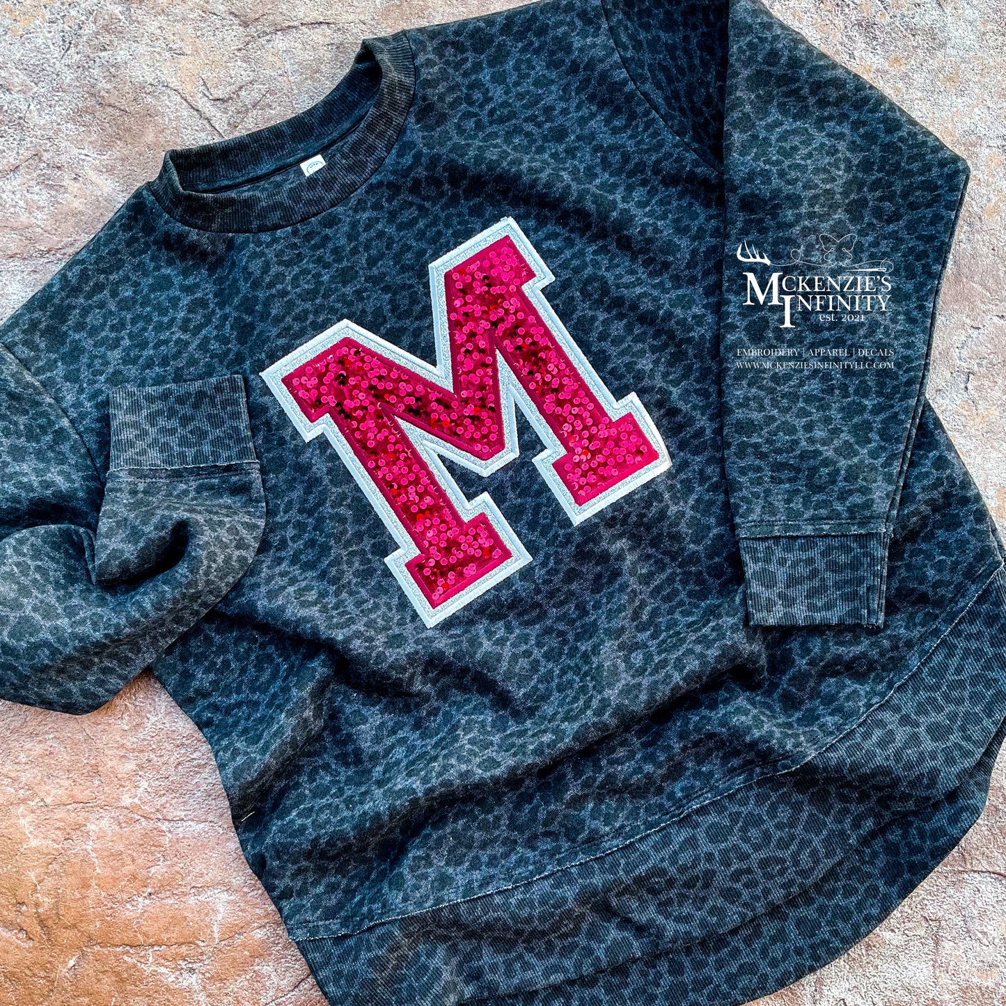 Custom Sequin Varsity Letter Embroidered Leopard/Cheetah Crewneck Sweatshirt