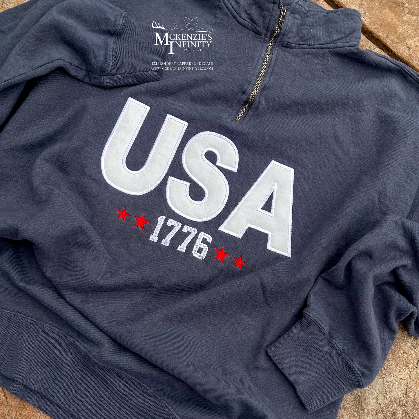 USA Embroidered Quarter Zip Sweatshirt | Comfort Wash 1776 Pullover