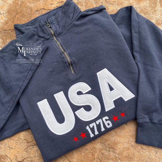 USA Embroidered Quarter Zip Sweatshirt | Comfort Wash 1776 Pullover